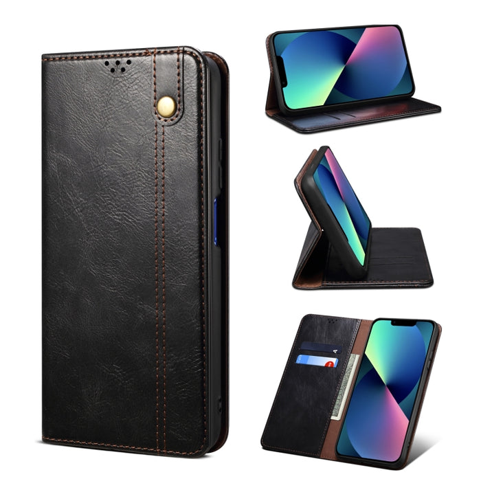 Estuche de cuero con tapa horizontal con textura de caballo loco de cera simple con ranuras para tarjetas y billetera