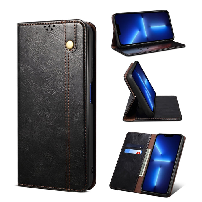 Estuche de cuero con tapa horizontal con textura de caballo loco de cera simple con ranuras para tarjetas y billetera