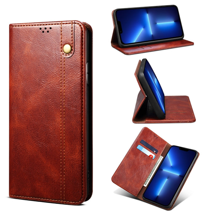 Estuche de cuero con tapa horizontal con textura de caballo loco de cera simple con ranuras para tarjetas y billetera
