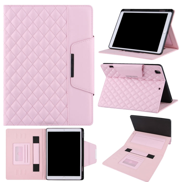 Estuche de cuero con tapa horizontal con patrón a cuadros con soporte y ranuras para tarjetas y correa de mano