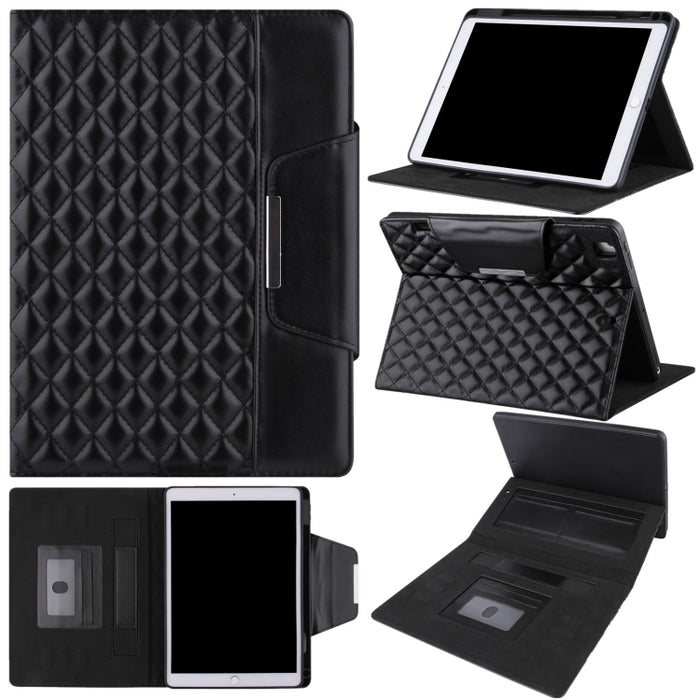 Estuche de cuero con tapa horizontal con patrón a cuadros con soporte y ranuras para tarjetas y correa de mano