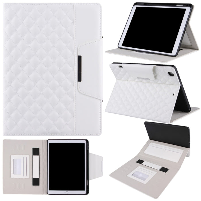 Estuche de cuero con tapa horizontal con patrón a cuadros con soporte y ranuras para tarjetas y correa de mano
