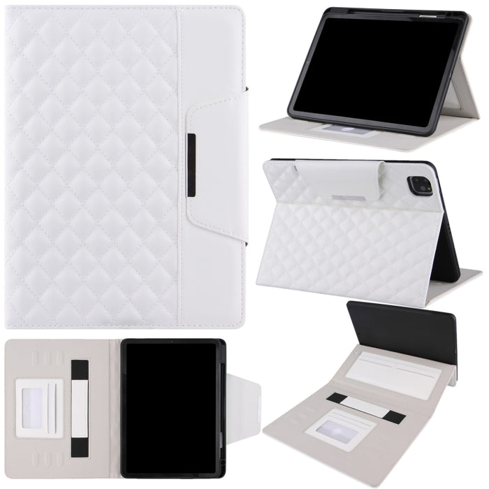 Estuche de cuero con tapa horizontal con patrón a cuadros con soporte y ranuras para tarjetas y correa de mano