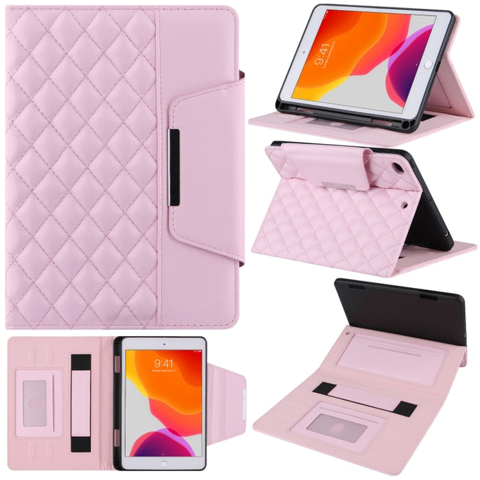Estuche de cuero con tapa horizontal con patrón a cuadros con soporte y ranuras para tarjetas y correa de mano