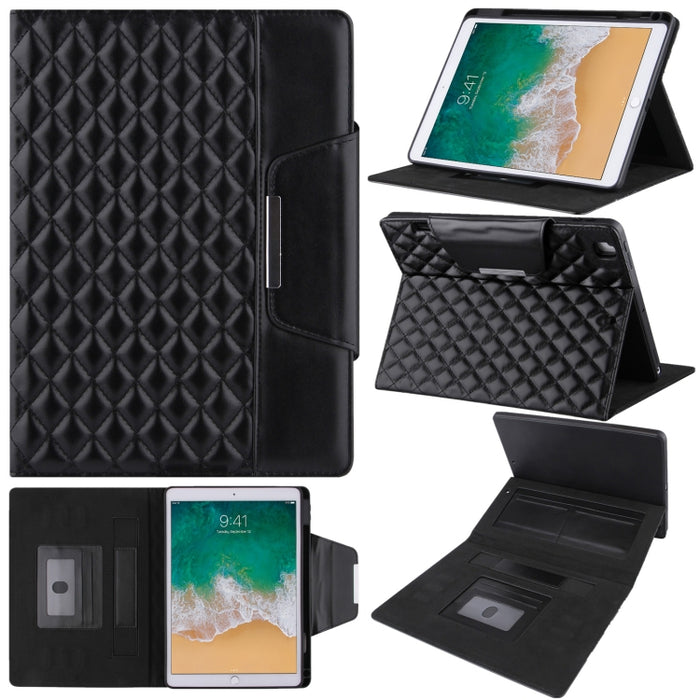 Estuche de cuero con tapa horizontal con patrón a cuadros con soporte y ranuras para tarjetas y correa de mano