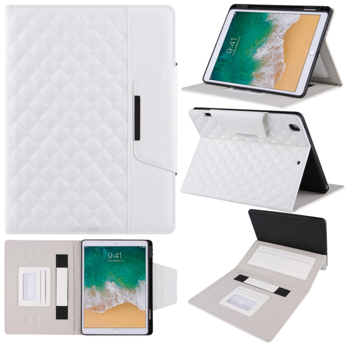 Estuche de cuero con tapa horizontal con patrón a cuadros con soporte y ranuras para tarjetas y correa de mano