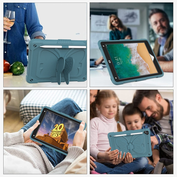 PC de color puro + funda protectora anticaída de silicona con soporte en forma de mariposa y ranura para bolígrafo