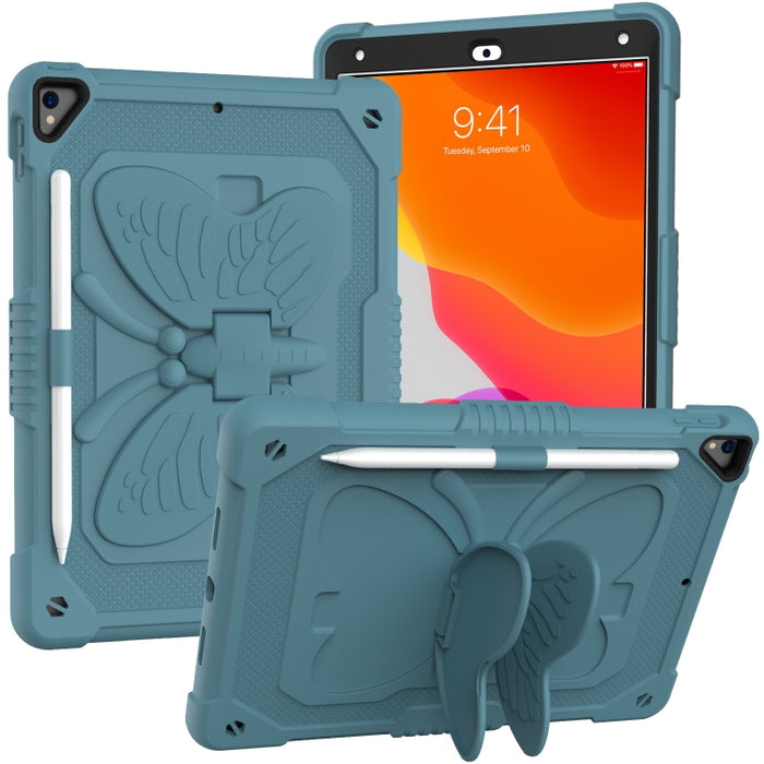 PC de color puro + funda protectora anticaída de silicona con soporte en forma de mariposa y ranura para bolígrafo