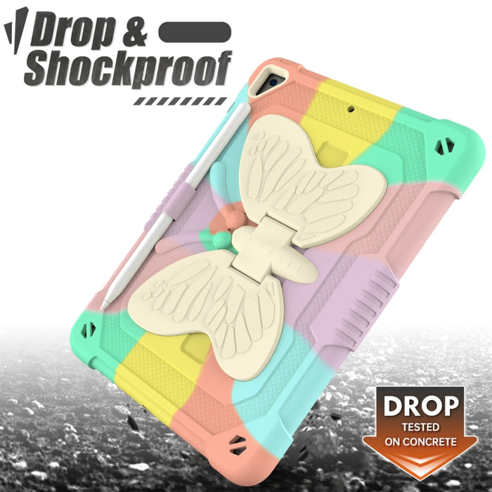 Beige PC + funda protectora anticaída de silicona con soporte en forma de mariposa y ranura para bolígrafo