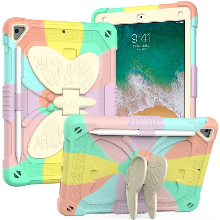 Beige PC + funda protectora anticaída de silicona con soporte en forma de mariposa y ranura para bolígrafo