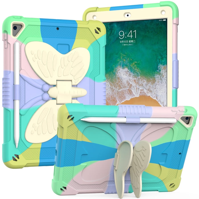 Beige PC + funda protectora anticaída de silicona con soporte en forma de mariposa y ranura para bolígrafo