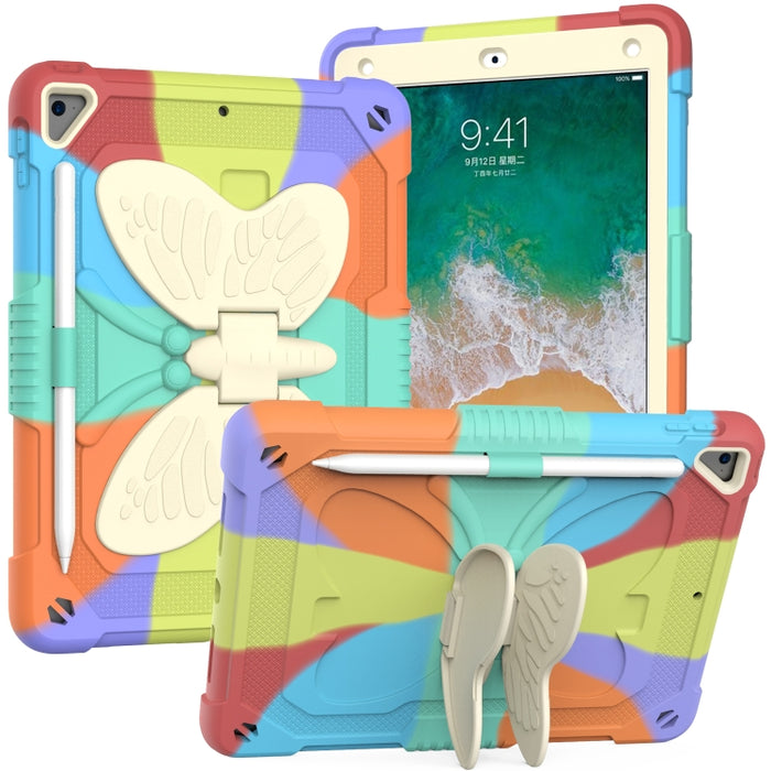 Beige PC + funda protectora anticaída de silicona con soporte en forma de mariposa y ranura para bolígrafo