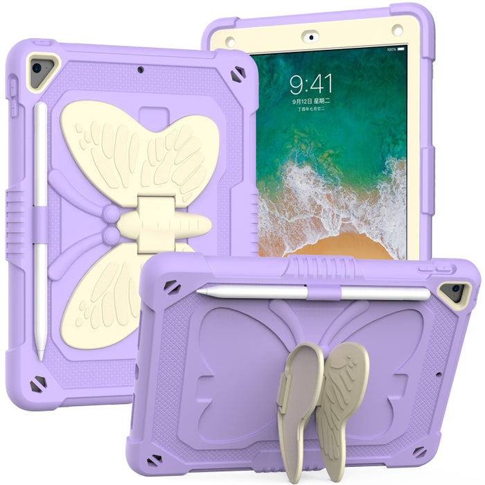 Beige PC + funda protectora anticaída de silicona con soporte en forma de mariposa y ranura para bolígrafo