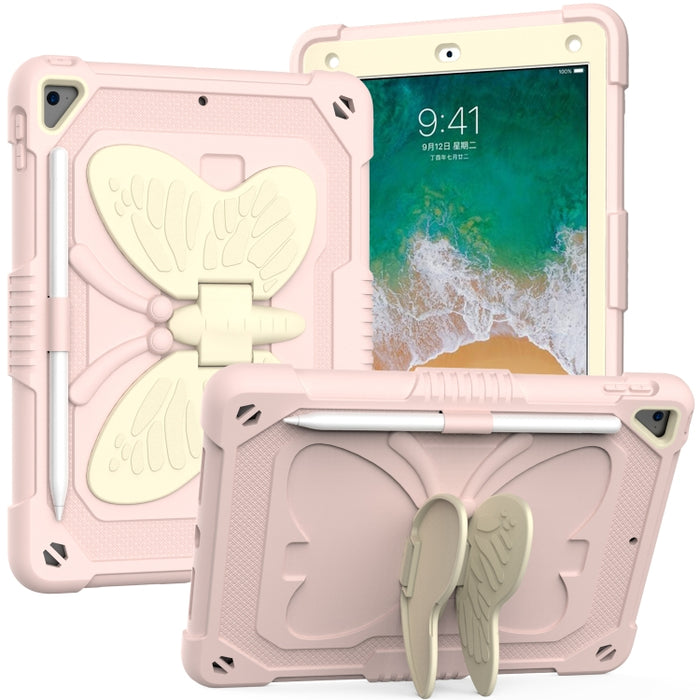 Beige PC + funda protectora anticaída de silicona con soporte en forma de mariposa y ranura para bolígrafo