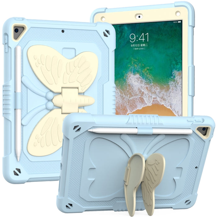 Beige PC + funda protectora anticaída de silicona con soporte en forma de mariposa y ranura para bolígrafo