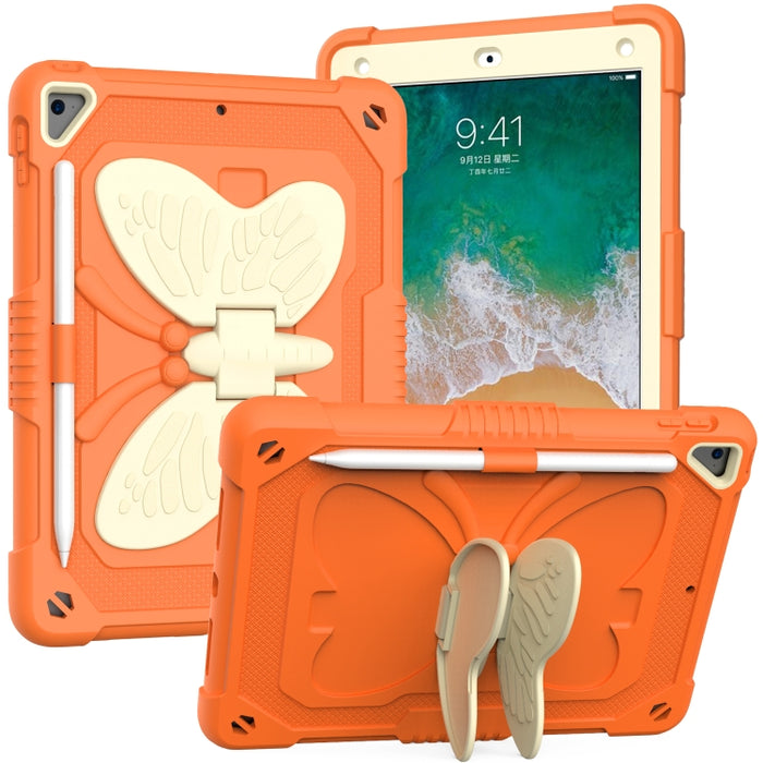 Beige PC + funda protectora anticaída de silicona con soporte en forma de mariposa y ranura para bolígrafo