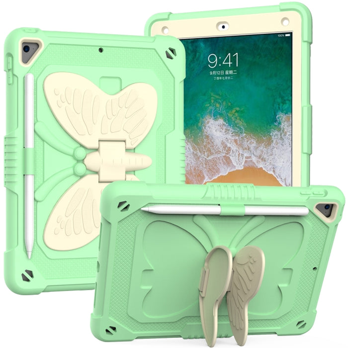 Beige PC + funda protectora anticaída de silicona con soporte en forma de mariposa y ranura para bolígrafo