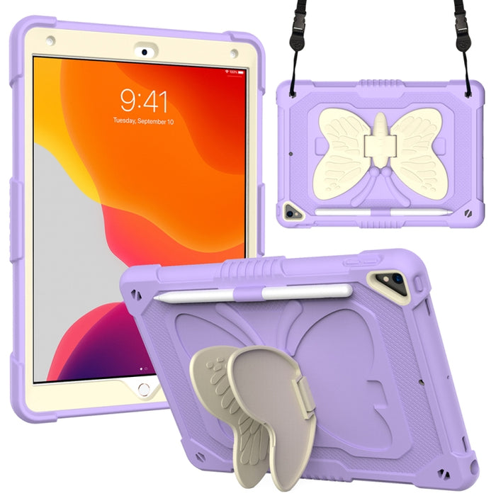 Beige PC + funda protectora anticaída de silicona con soporte en forma de mariposa y ranura para bolígrafo