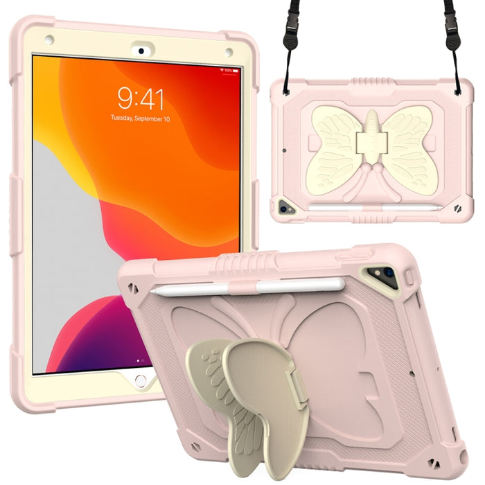Beige PC + funda protectora anticaída de silicona con soporte en forma de mariposa y ranura para bolígrafo