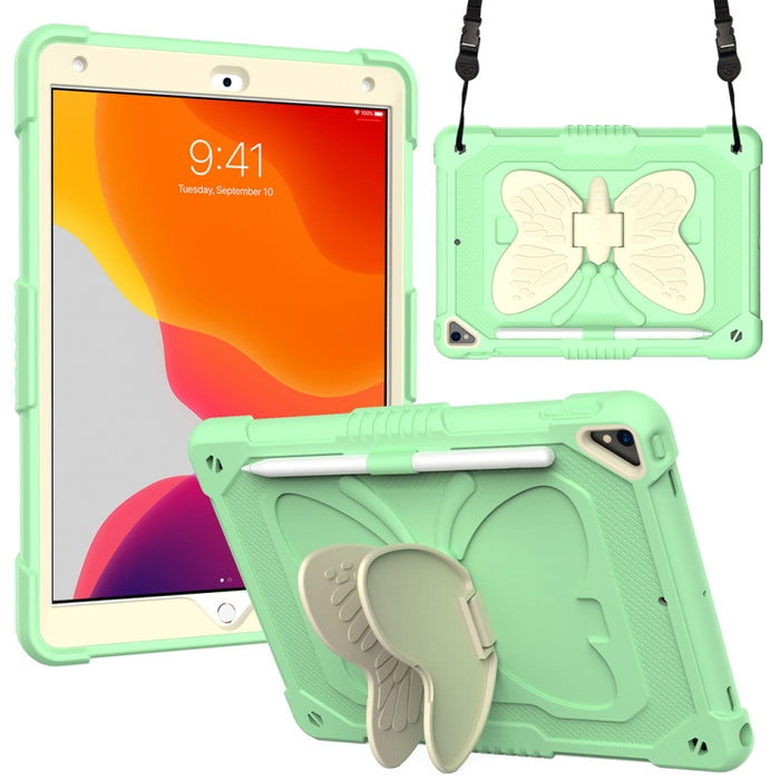 Beige PC + funda protectora anticaída de silicona con soporte en forma de mariposa y ranura para bolígrafo