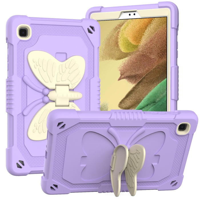 Beige PC + funda protectora anticaída de silicona con soporte en forma de mariposa y ranura para bolígrafo
