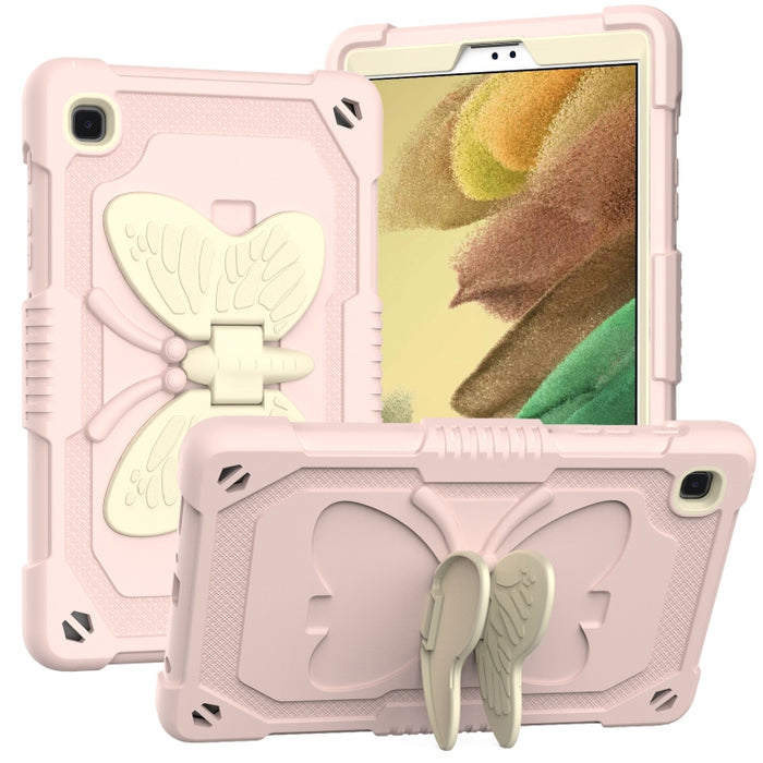 Beige PC + funda protectora anticaída de silicona con soporte en forma de mariposa y ranura para bolígrafo