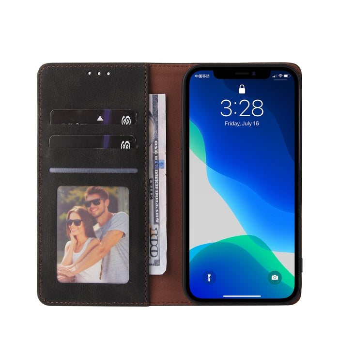 Estuche de cuero con tapa horizontal con cierre de succión simple con soporte, ranura para tarjeta y billetera