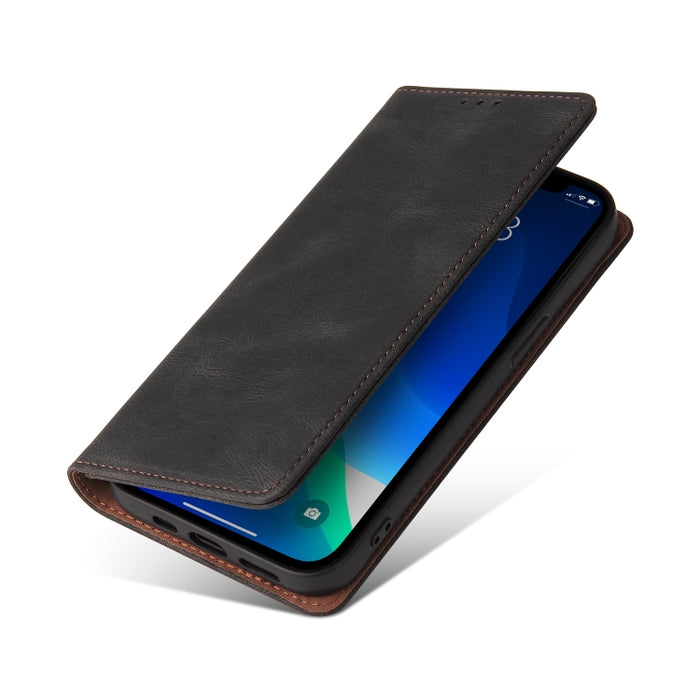 Estuche de cuero con tapa horizontal con cierre de succión simple con soporte, ranura para tarjeta y billetera