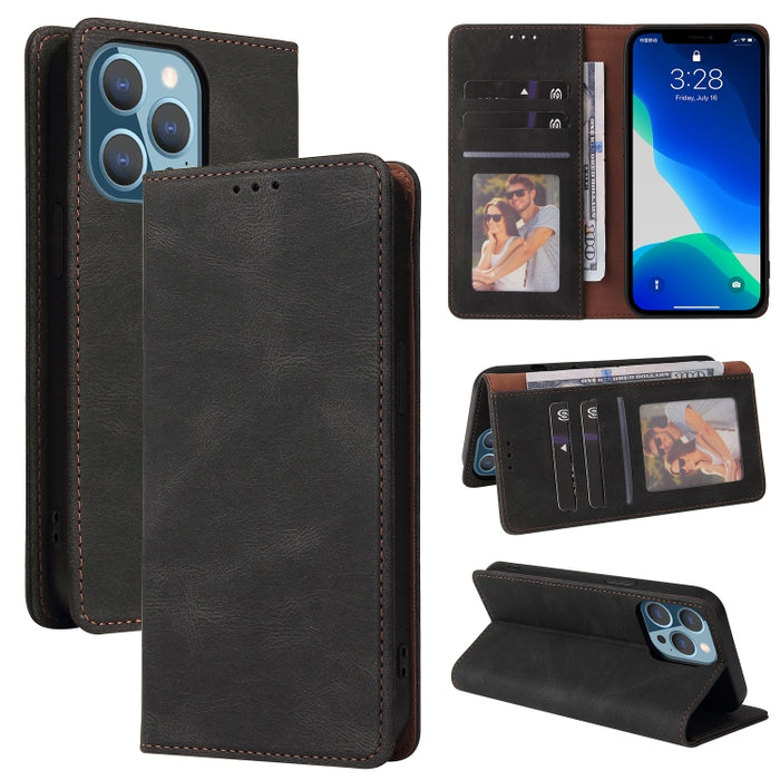 Estuche de cuero con tapa horizontal con cierre de succión simple con soporte, ranura para tarjeta y billetera