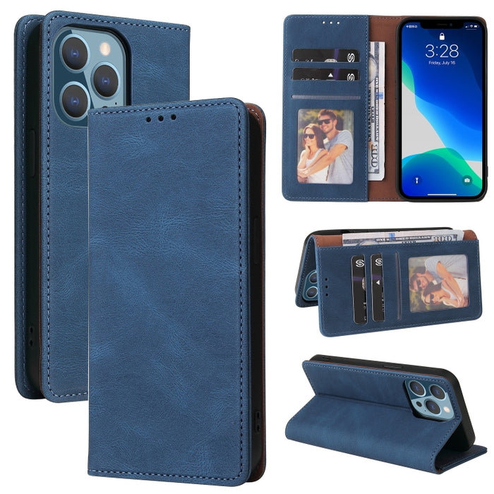 Estuche de cuero con tapa horizontal con cierre de succión simple con soporte, ranura para tarjeta y billetera