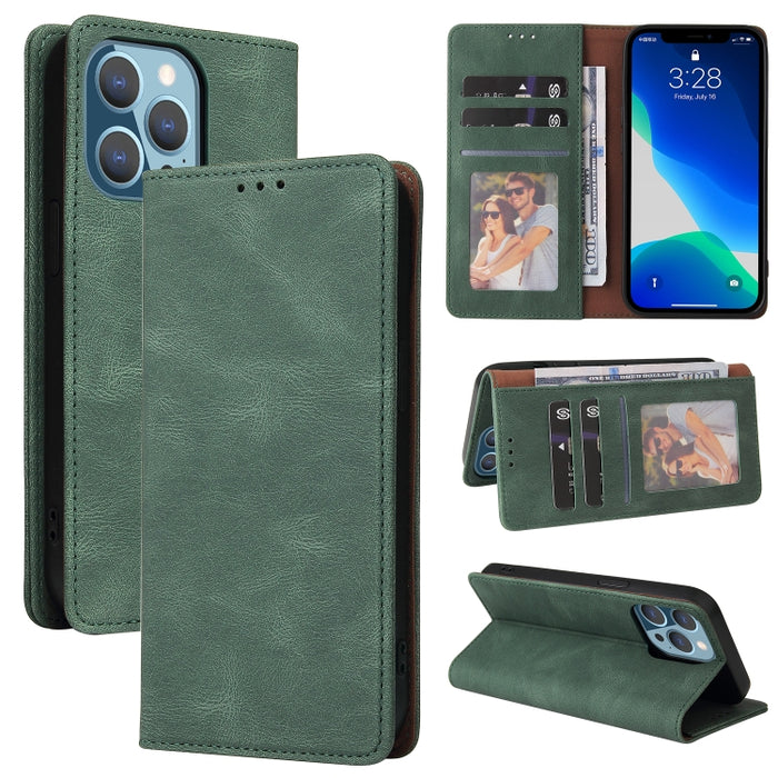 Estuche de cuero con tapa horizontal con cierre de succión simple con soporte, ranura para tarjeta y billetera