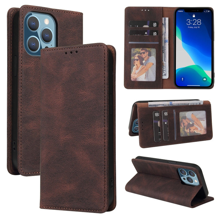 Estuche de cuero con tapa horizontal con cierre de succión simple con soporte, ranura para tarjeta y billetera