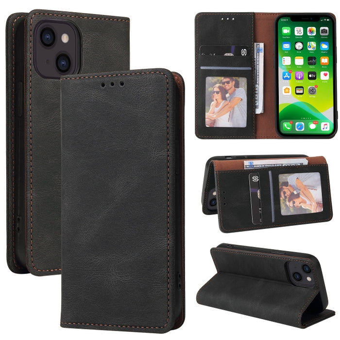 Estuche de cuero con tapa horizontal con cierre de succión simple con soporte, ranura para tarjeta y billetera