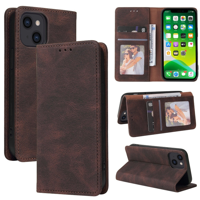 Estuche de cuero con tapa horizontal con cierre de succión simple con soporte, ranura para tarjeta y billetera