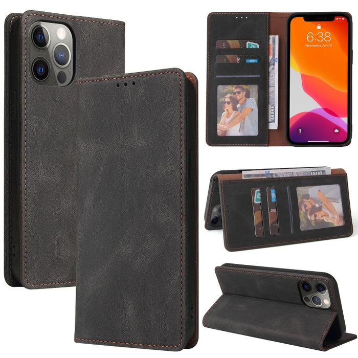 Estuche de cuero con tapa horizontal con cierre de succión simple con soporte, ranura para tarjeta y billetera