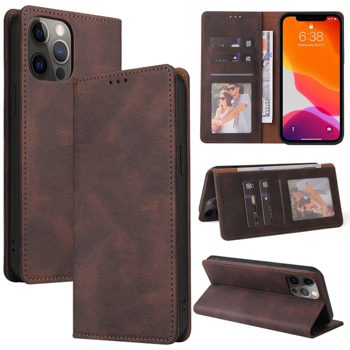 Estuche de cuero con tapa horizontal con cierre de succión simple con soporte, ranura para tarjeta y billetera