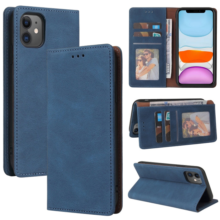 Estuche de cuero con tapa horizontal con cierre de succión simple con soporte, ranura para tarjeta y billetera