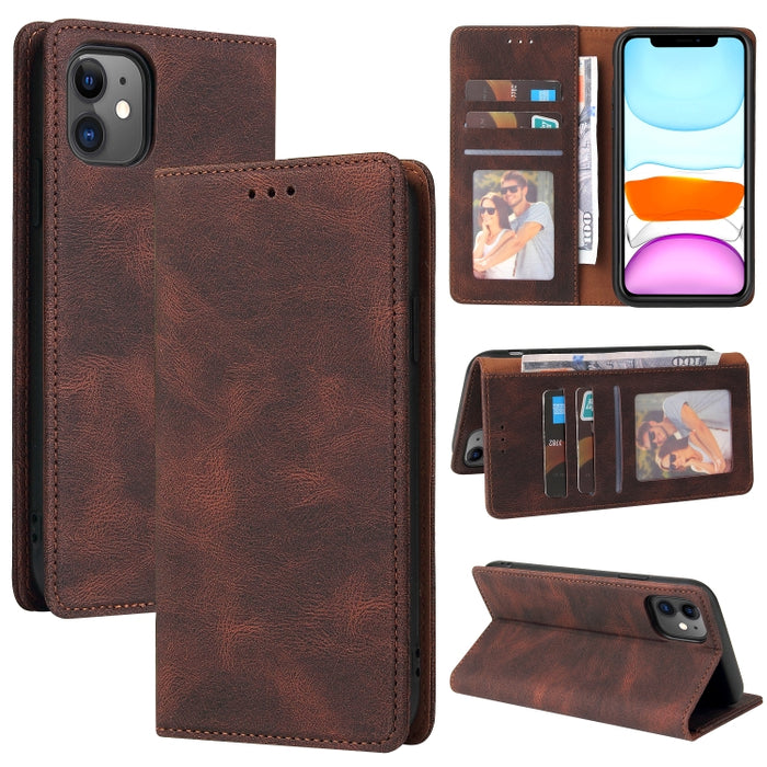 Estuche de cuero con tapa horizontal con cierre de succión simple con soporte, ranura para tarjeta y billetera