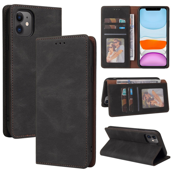 Estuche de cuero con tapa horizontal con cierre de succión simple con soporte, ranura para tarjeta y billetera