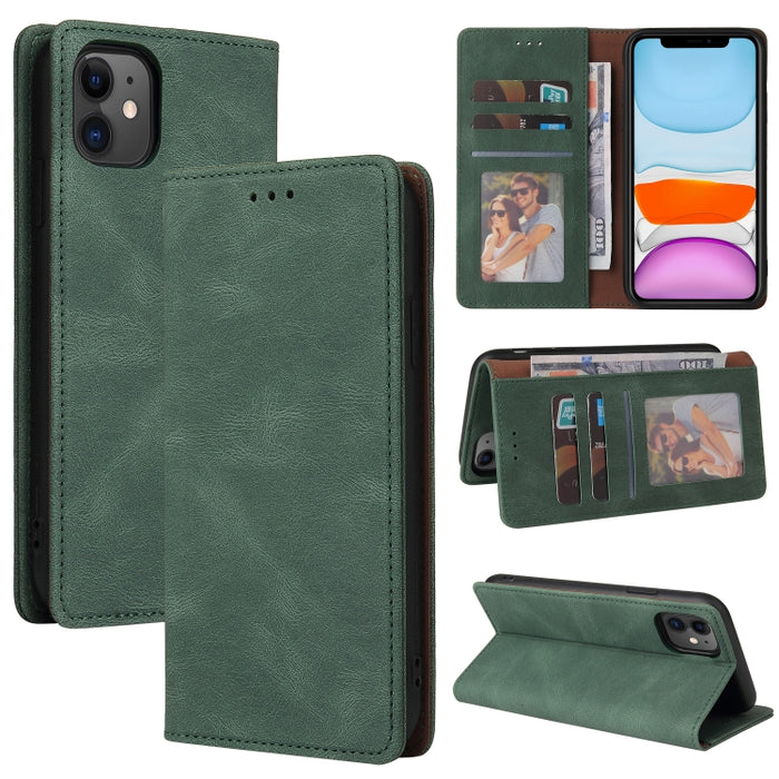 Estuche de cuero con tapa horizontal con cierre de succión simple con soporte, ranura para tarjeta y billetera