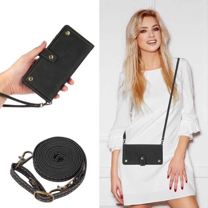 Estuche de cuero con tapa horizontal PU + TPU con soporte y ranura para tarjeta y billetera y cordón