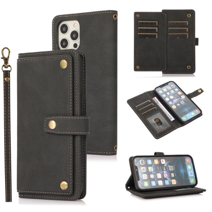 Estuche de cuero con tapa horizontal PU + TPU con soporte y ranura para tarjeta y billetera y cordón