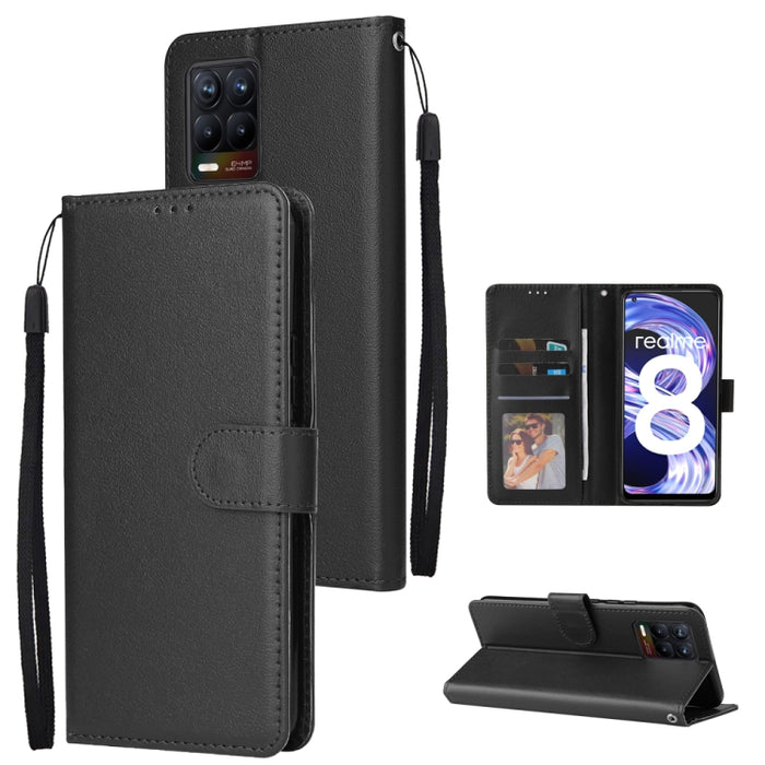 Estuche multifuncional de cuero con tapa horizontal, con tres ranuras para tarjetas y soporte, billetera con doble cremallera, marco de fotos y cordón, For OPPO A94 4G, For OPPO Realme 8 / 8 Pro 4G, For Xiaomi Redmi Note 10 5G