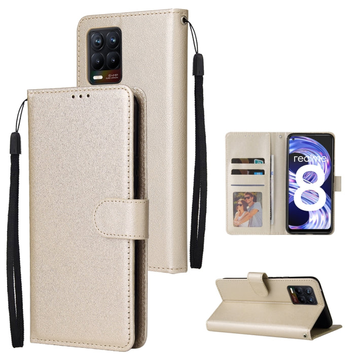 Estuche multifuncional de cuero con tapa horizontal, con tres ranuras para tarjetas y soporte, billetera con doble cremallera, marco de fotos y cordón, For OPPO A94 4G, For OPPO Realme 8 / 8 Pro 4G, For Xiaomi Redmi Note 10 5G