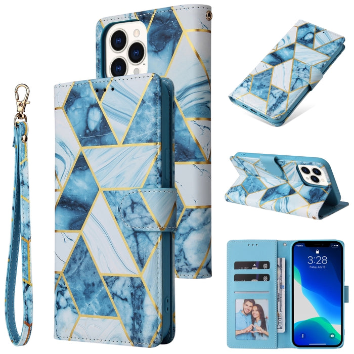 Estuche de cuero de PU con tapa horizontal con costuras de bronce de mármol con soporte y ranuras para tarjetas y billetera y marco de fotos