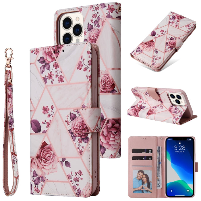 Estuche de cuero de PU con tapa horizontal con costuras de bronce de mármol con soporte y ranuras para tarjetas y billetera y marco de fotos