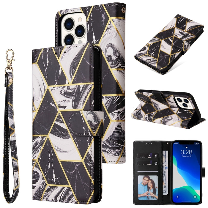 Estuche de cuero de PU con tapa horizontal con costuras de bronce de mármol con soporte y ranuras para tarjetas y billetera y marco de fotos