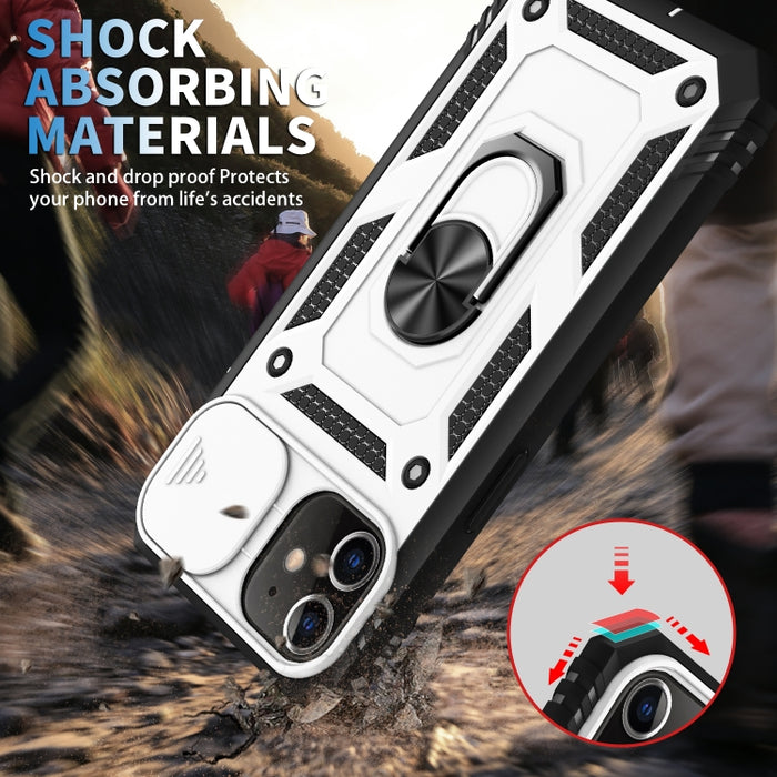Diseño de cubierta de cámara deslizante Funda protectora de TPU + PC con soporte giratorio de 360 grados y ranura para tarjeta