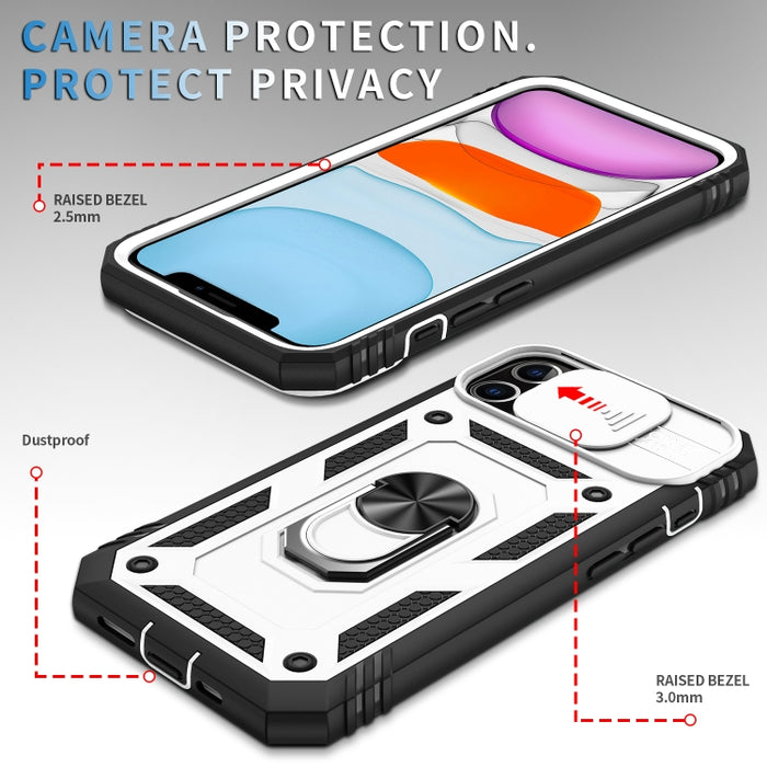 Diseño de cubierta de cámara deslizante Funda protectora de TPU + PC con soporte giratorio de 360 grados y ranura para tarjeta