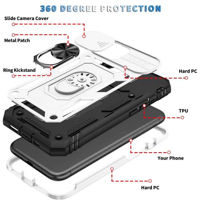 Diseño de cubierta de cámara deslizante Funda protectora de TPU + PC con soporte giratorio de 360 grados y ranura para tarjeta